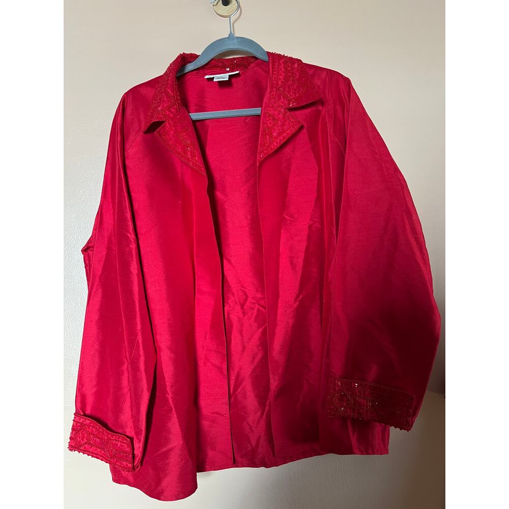 Bloomingdales Vtg 80s 100% Silk 3Pc Beaded Sequin Set Jacket Top Pants Red 14